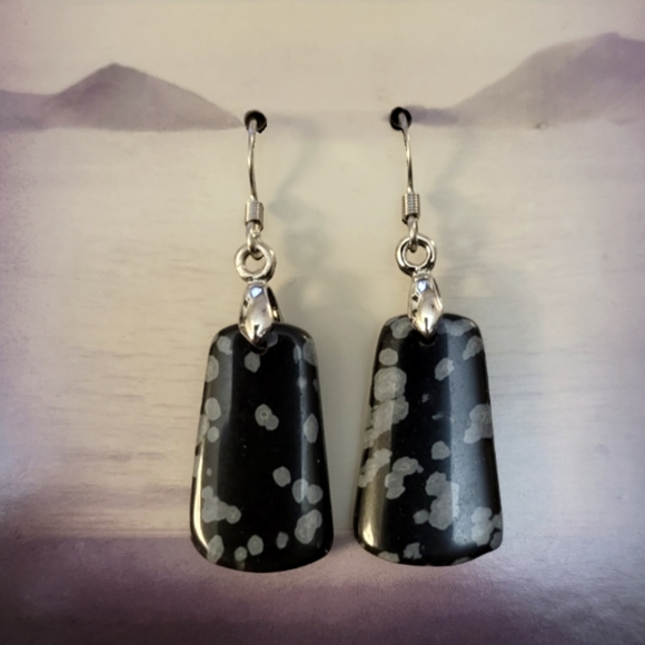 18k white gold Natural Black Snowflake Obsidian Trapezoid Stone Earrings - Picture 3 of 8